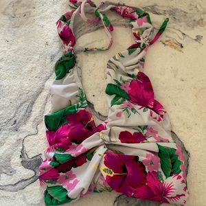 Tropical white green & pink flower 🌺 halter deep v scrunch stripper dress